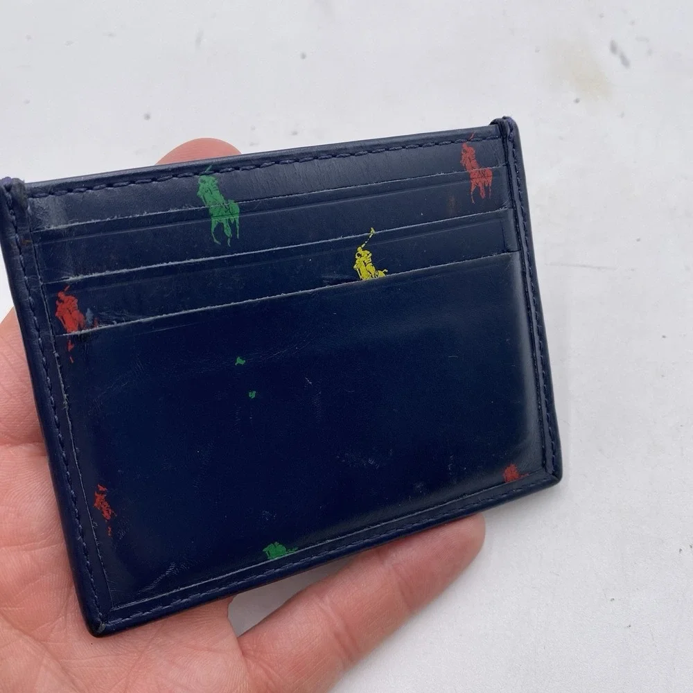 Polo Ralph Lauren Blue Leather Wallet Slim Card Case Pony Logo Print $75 VGC‎